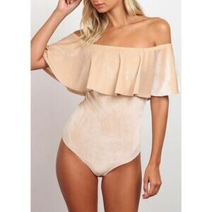 Cream Velvet Off-Shoulder Ruffle Bodysuit - Large